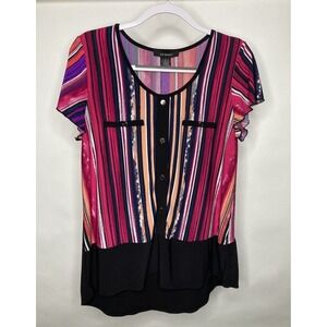 Liz McCoy Womens L Multicolor Blouse‎ Stretch Ruffle Short Sleeves Career Office